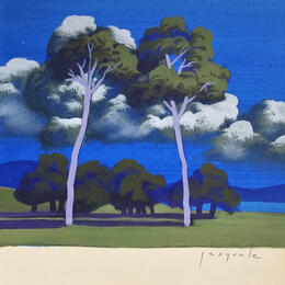 Painting Voyage bleu by Pasquale | Painting Figurative Acrylic Architecture, Landscapes, Nature, Pop icons