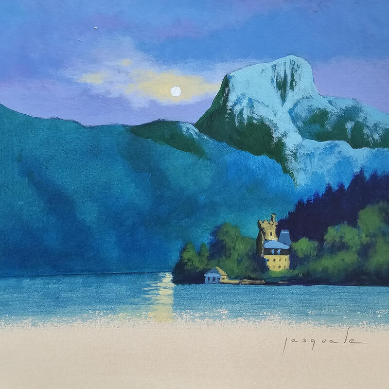 Painting Nuit sur le lac by Pasquale | Painting Figurative Landscapes Nature Architecture Acrylic