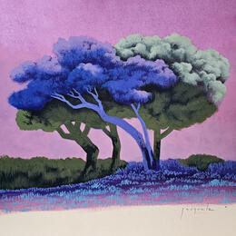 Painting Arbres au crépuscule by Pasquale | Painting Figurative Acrylic Architecture, Landscapes, Nature