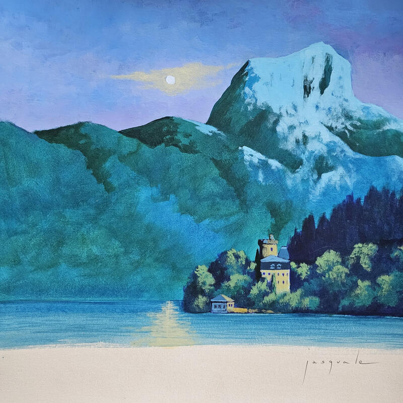 Peinture Bleu d'Annecy par Pasquale | Tableau Figuratif Paysages Nature Architecture Acrylique