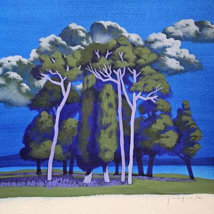 Peinture Famille bleue par Pasquale | Tableau Figuratif Acrylique Architecture, Nature, Paysages