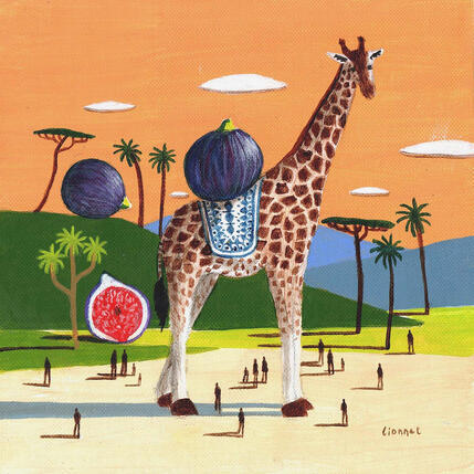 Painting Girafe aux poires by Lionnet Pascal | Painting Surrealism Acrylic Animals, Landscapes, Life style