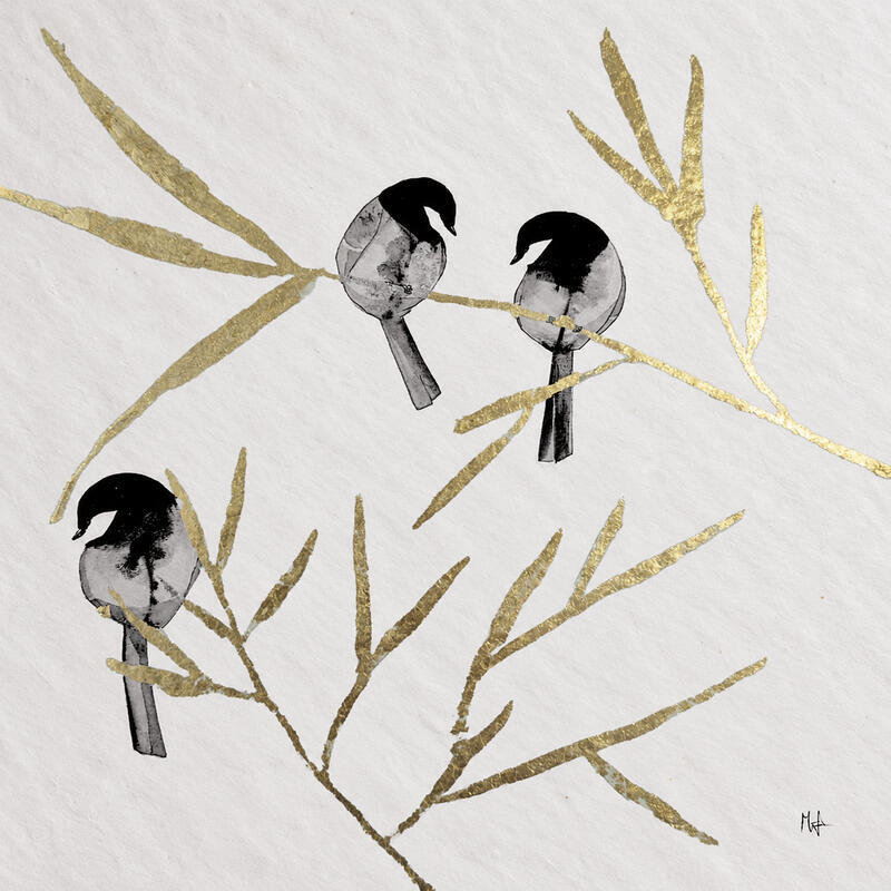 Peinture Éternel été par Mü | Tableau Figuratif Paysages Animaux Noir & blanc Encre Feuille d'or