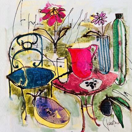Painting Bouquet by Colombo Cécile | Painting Naive art Acrylic, Gluing, Ink, Pastel, Watercolor Still-life