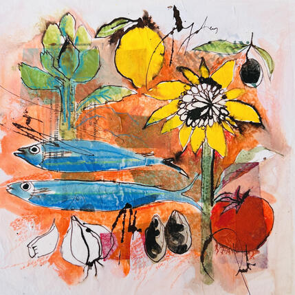 Painting Sardines fraîches by Colombo Cécile | Painting Naive art Acrylic, Gluing, Ink, Pastel, Watercolor Pop icons, Still-life