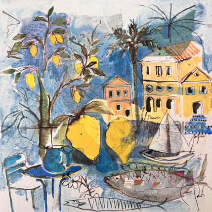 Painting Poisson citron by Colombo Cécile | Painting Naive art Acrylic, Gluing, Ink, Pastel, Watercolor Landscapes, Marine, Nature