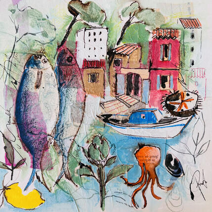 Painting Jolie pêche by Colombo Cécile | Painting Naive art Acrylic, Gluing, Ink, Pastel, Watercolor Landscapes, Nature
