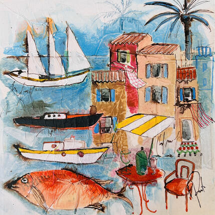 Painting Le port by Colombo Cécile | Painting Naive art Acrylic, Gluing, Ink, Pastel, Watercolor