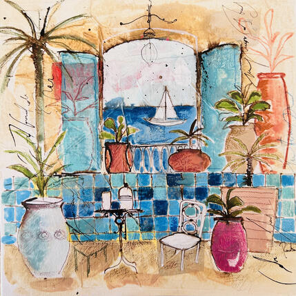 Painting Jardin intérieur by Colombo Cécile | Painting Naive art Acrylic, Gluing, Ink, Pastel, Watercolor Landscapes, Nature