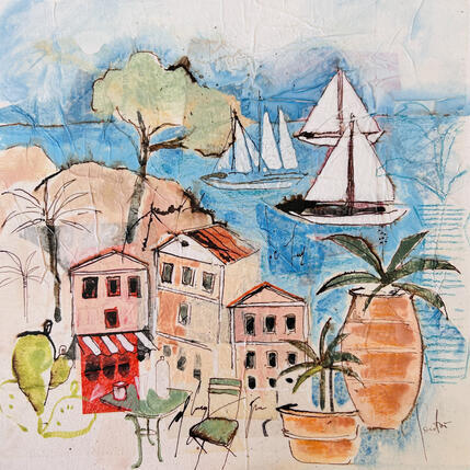 Painting Toutes voiles dehors by Colombo Cécile | Painting Naive art Acrylic, Gluing, Ink, Pastel, Watercolor Landscapes, Life style