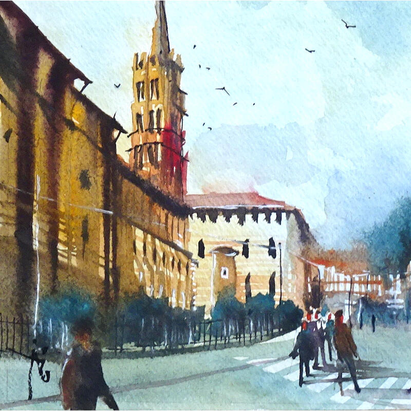 Painting Visite à Saint Sernin by Abbatucci Violaine | Painting Figurative Watercolor