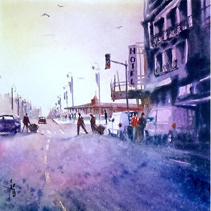 Painting L'heure des livreurs by Abbatucci Violaine | Painting Figurative Watercolor