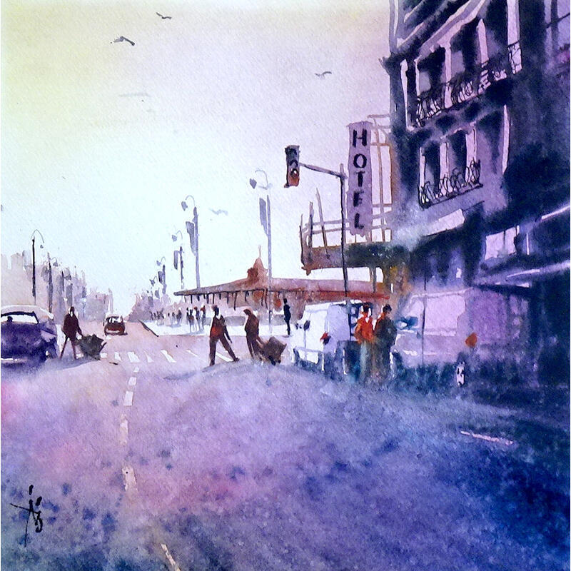 Painting L'heure des livreurs by Abbatucci Violaine | Painting Figurative Watercolor
