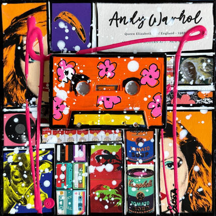 Painting POP K7 (orange Andy) by Costa Sophie | Painting Pop-art Acrylic, Gluing, Upcycling Pop icons