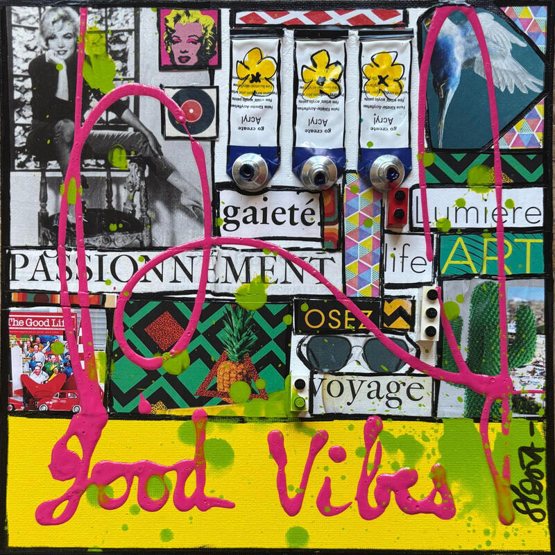 Painting Good vibes by Costa Sophie | Painting Pop-art Acrylic Gluing Upcycling