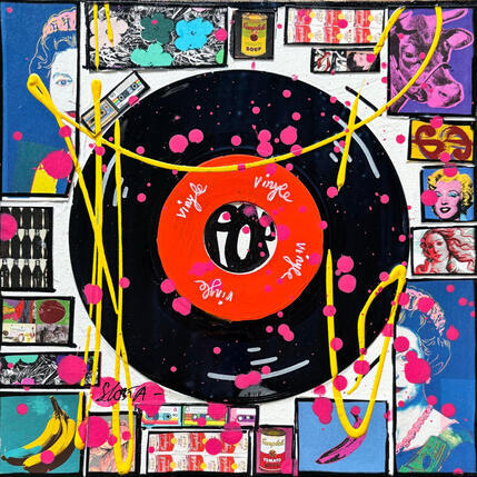 Painting POP VINYLE (rouge) by Costa Sophie | Painting Pop-art Acrylic, Gluing, Upcycling Pop icons