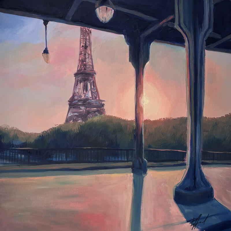 Peinture Tour Eiffel, à l’aube  par Piffard Cédric | Tableau Figuratif Urbain Scènes de vie Architecture Huile