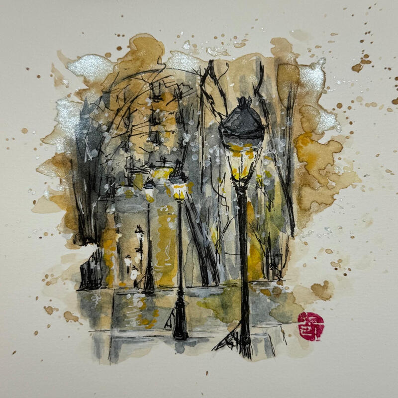Painting Lumières sur les pavés mouillés by Flament Audrey | Painting Realism Urban Life style Still-life Watercolor Ink