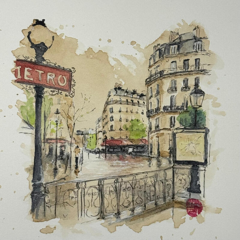 Painting Entre deux stations by Flament Audrey | Painting Realism Urban Life style Still-life Watercolor Ink