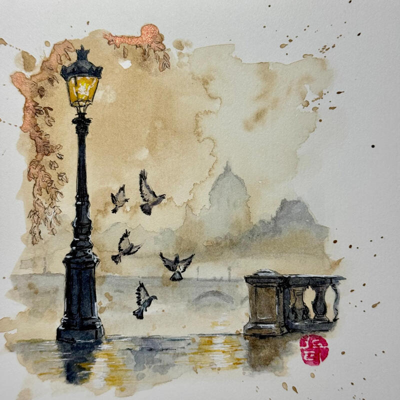 Gemälde Entre brume et lumière von Flament Audrey | Gemälde Realismus Urban Alltagsszenen Stillleben Aquarell Tinte