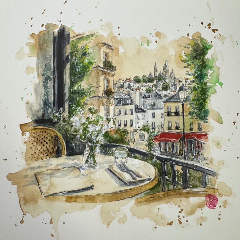Gemälde Un matin à Montmartre von Flament Audrey | Gemälde Realismus Urban Alltagsszenen Stillleben Aquarell Tinte
