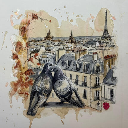 Gemälde Un baiser sur les toits de Paris von Flament Audrey | Gemälde