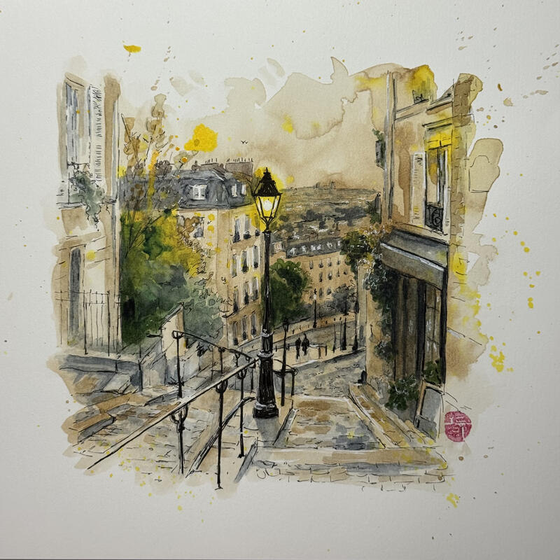 Painting Un petit bout de Montmartre by Flament Audrey | Painting Realism Urban Life style Still-life Watercolor Ink