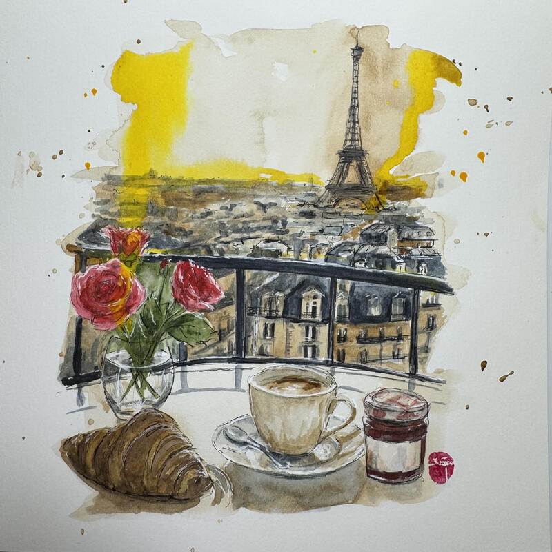 Painting Un matin à Paris by Flament Audrey | Painting Realism Urban Life style Still-life Watercolor Ink