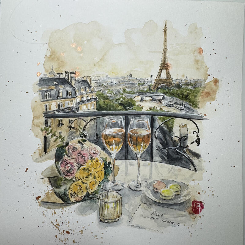 Gemälde Paris, un instant pour deux von Flament Audrey | Gemälde Realismus Urban Alltagsszenen Stillleben Aquarell Tinte