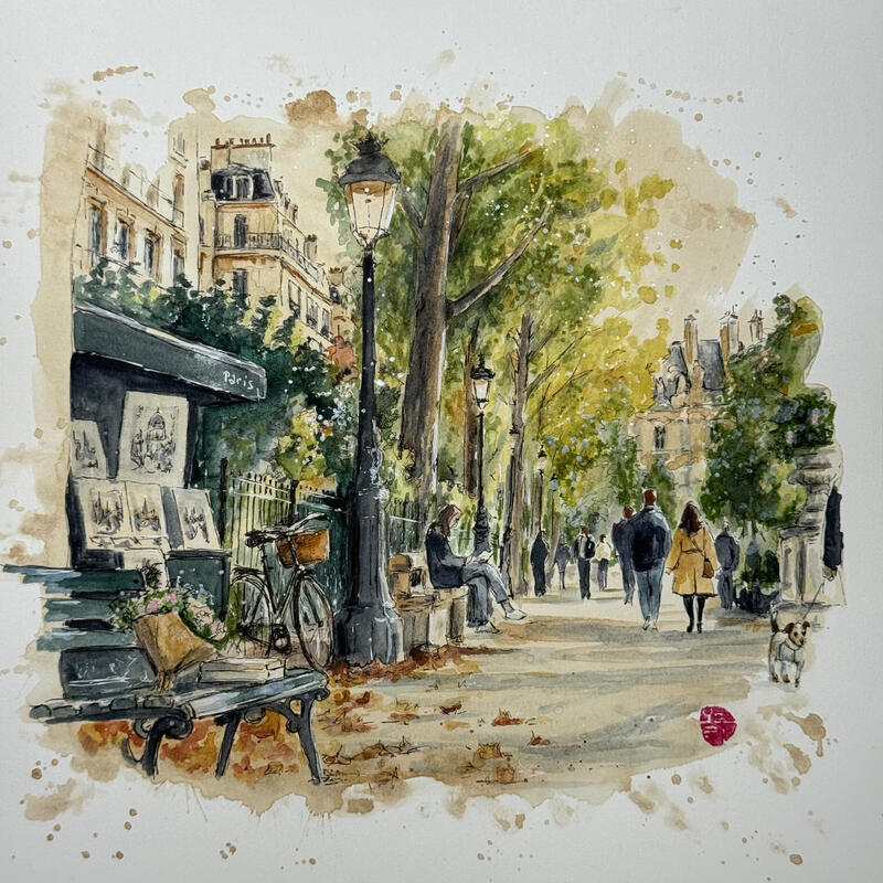 Painting Une promenade dans Paris by Flament Audrey | Painting Realism Urban Life style Still-life Watercolor Ink
