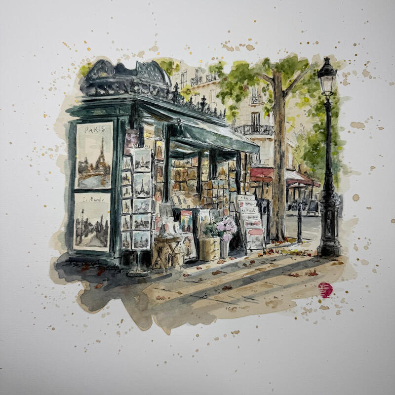 Painting Mille histoires à feuilleter by Flament Audrey | Painting Realism Urban Life style Still-life Watercolor Ink