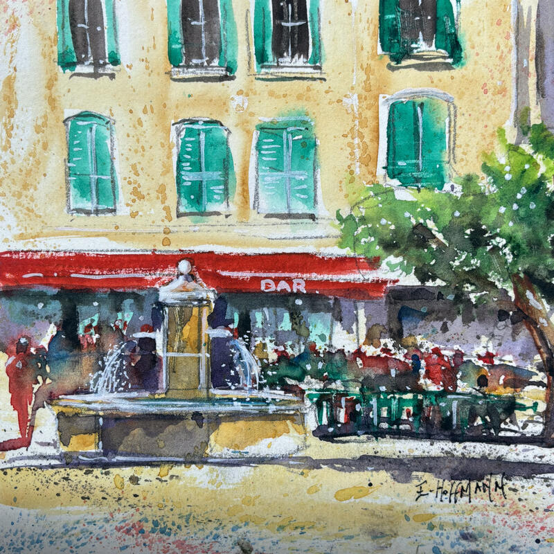 Painting Toulon la fontaine by Hoffmann Elisabeth | Painting Figurative Urban Watercolor