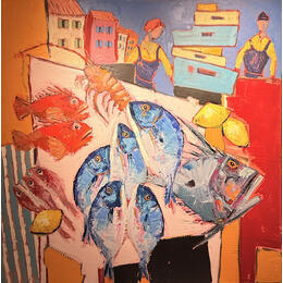 Painting l'etal au poisson by L'huillier Françis | Painting Abstract Oil