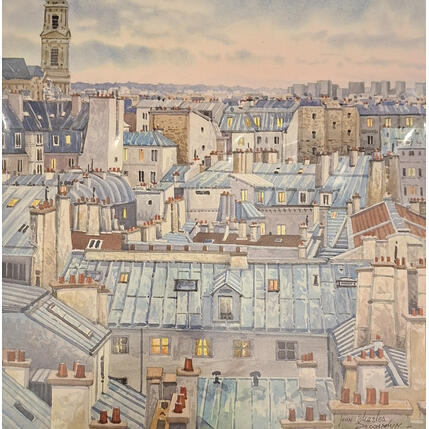 Painting Bleus de Paris sur les toits de Paris by Decoudun Jean charles | Painting Figurative Watercolor Urban