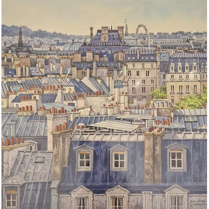 Peinture Les toits de Paris en bleus par Decoudun Jean charles | Tableau Figuratif Aquarelle Urbain