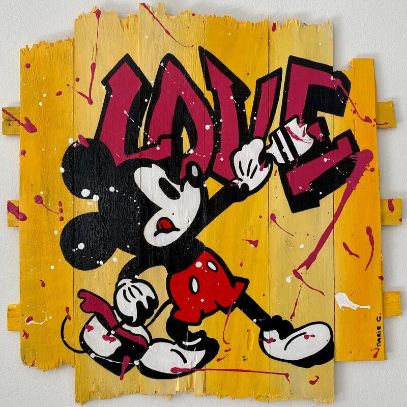Gemälde F4  Mickey LOVE von Marie G.  | Gemälde Pop-Art Pop-Ikonen Holz Acryl