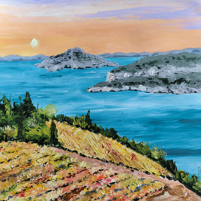 Peinture Le vignoble fe Cassis en automne. par Rey Ewa | Tableau Figuratif Paysages Acrylique