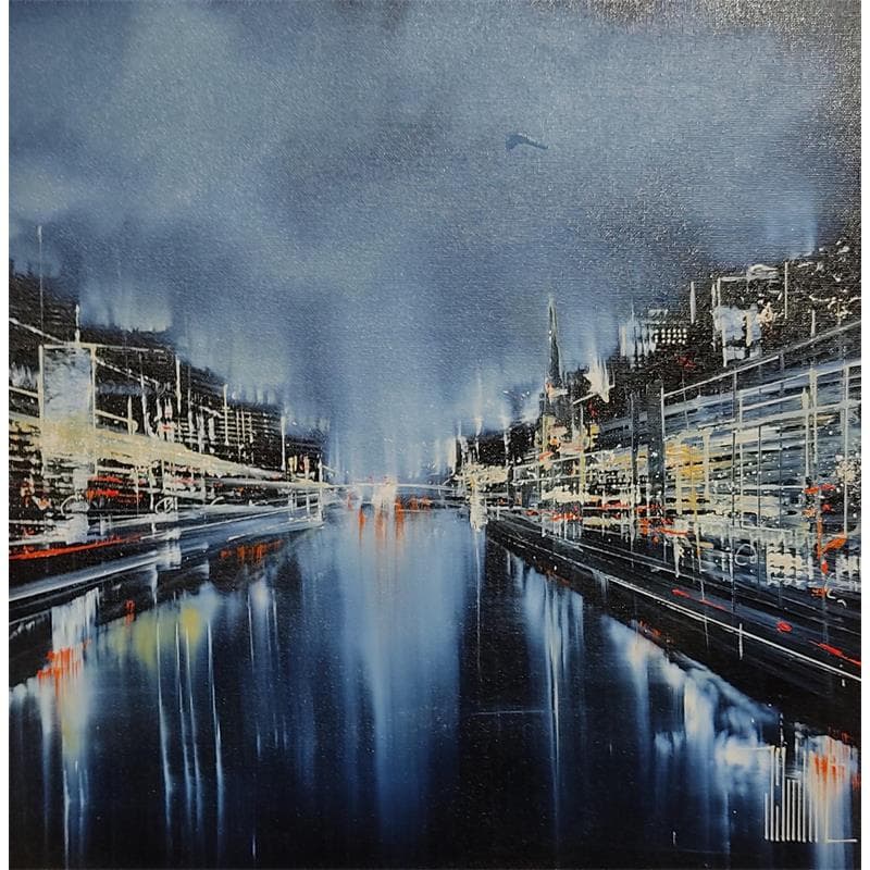 Peinture Lyon les quais version nuit par Guillet Jerome | Tableau Figuratif Urbain Acrylique