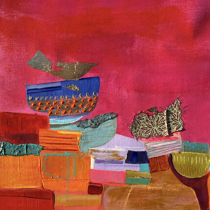 Peinture ST26-0918 par Lau Blou | Tableau Abstrait Acrylique, Carton, Collage, Feuille d'or, Pastel Paysages