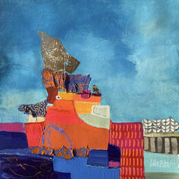 Painting Rivière du dessous by Lau Blou | Painting Abstract Acrylic, Cardboard, Gluing, Gold leaf, Pastel Landscapes, Pop icons