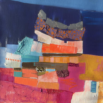 Painting Vie sous la terre by Lau Blou | Painting Abstract Acrylic, Cardboard, Gluing, Gold leaf, Pastel Landscapes