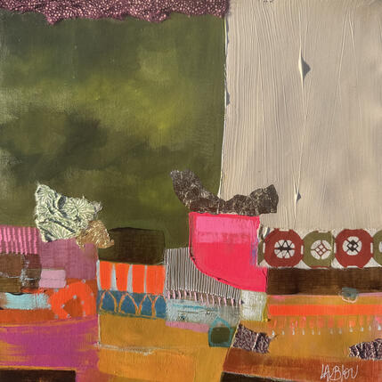 Painting La réserve des graines by Lau Blou | Painting Abstract Acrylic, Cardboard, Gluing, Gold leaf, Pastel Landscapes