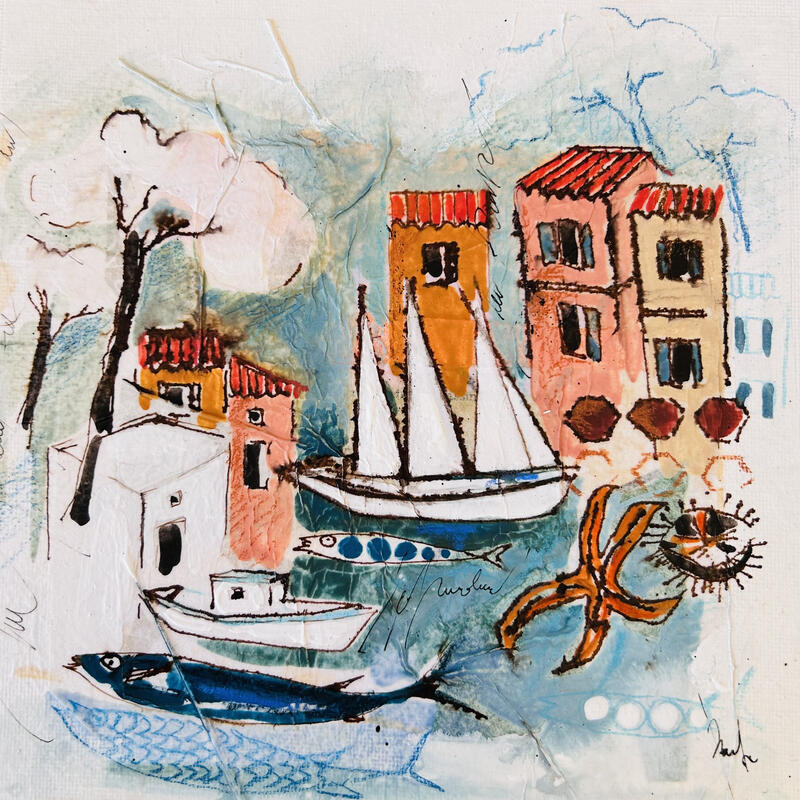 Painting Bal des sardines by Colombo Cécile | Painting Naive art Landscapes Nature Watercolor Acrylic Gluing Ink Pastel