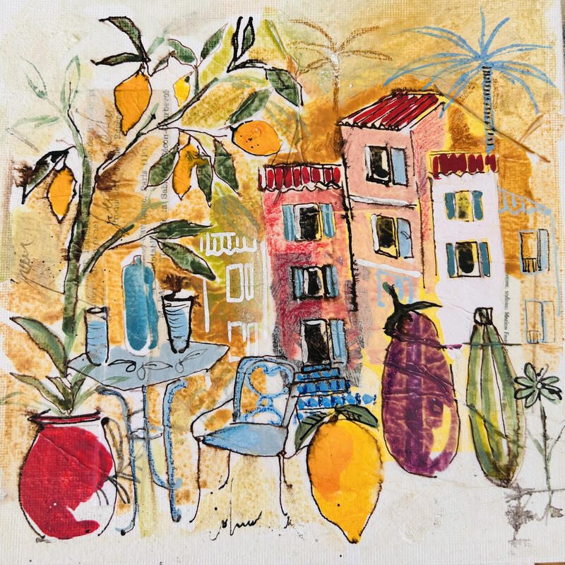 Painting Legumes du sud by Colombo Cécile | Painting Naive art Landscapes Nature Watercolor Acrylic Gluing Ink Pastel