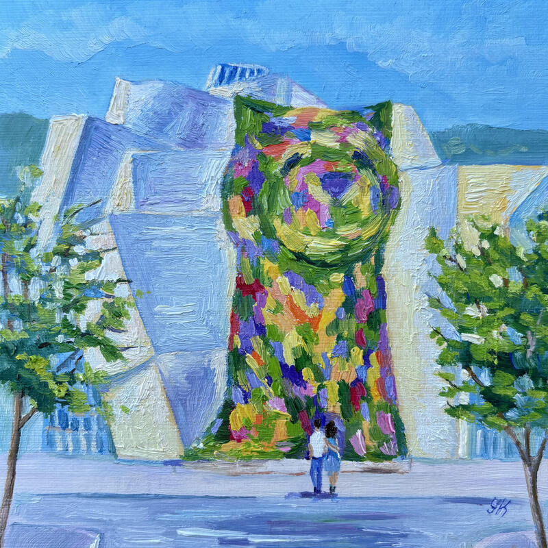 Painting Puppy Guggenheim by Kochevykh Yulia | Painting Figurative Landscapes Urban Architecture Oil