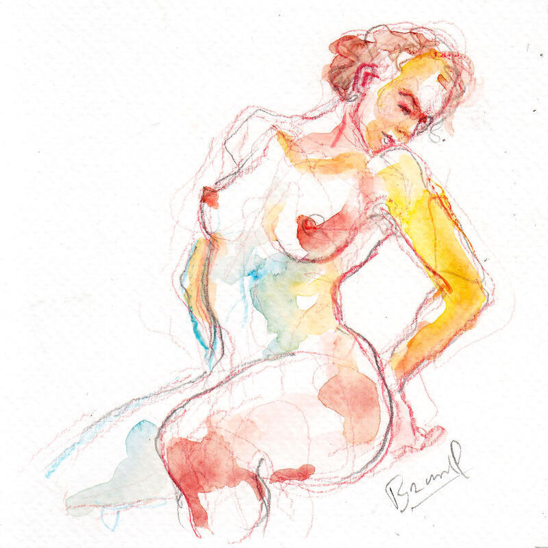 Painting Bérénice assise by Brunel Sébastien | Painting Figurative Nude Watercolor