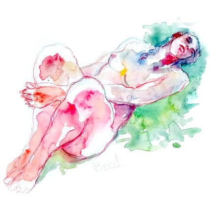 Painting Elsa couchée, mains autour d'un genou by Brunel Sébastien | Painting