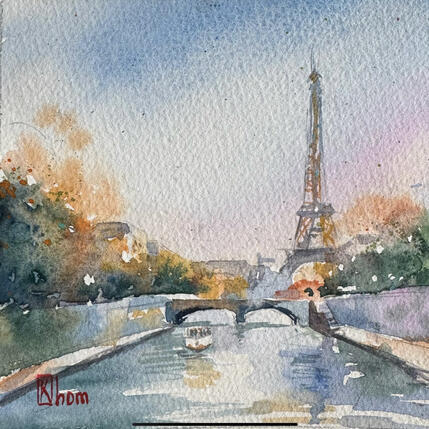 Gemälde Paris au fil de l’eau von Khomyakova Liliya | Gemälde Figurativ Aquarell Architektur, Gesellschaft, Urban