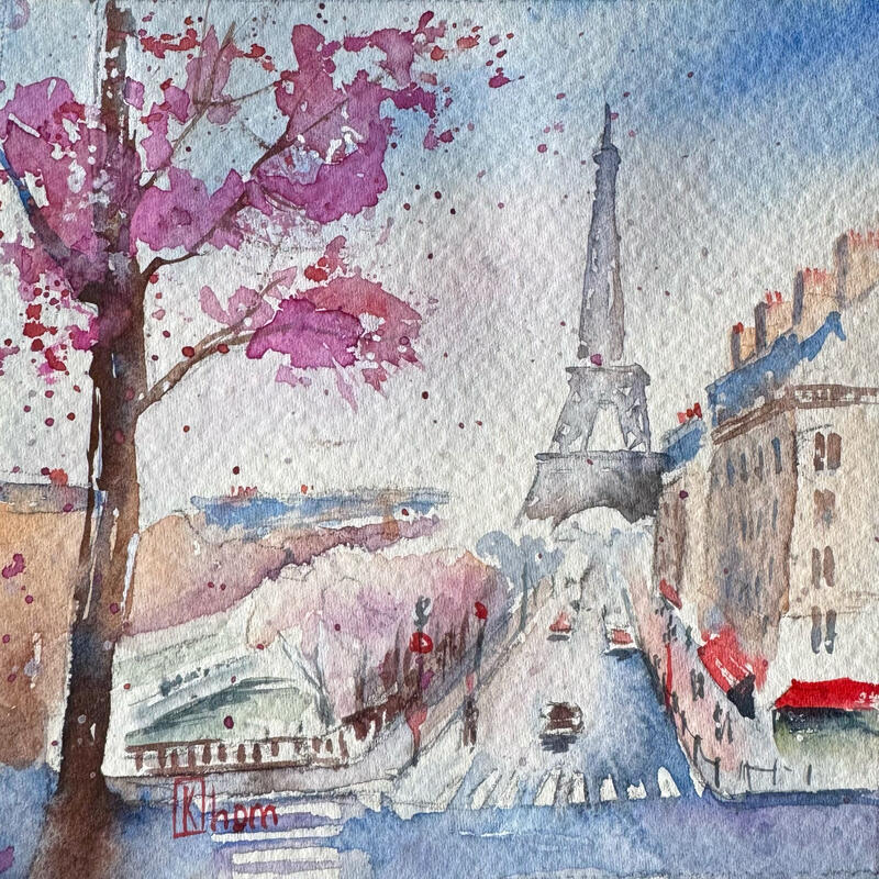 Painting Paris en fleurs by Khomyakova Liliya | Painting Figurative Urban Nature Architecture Watercolor
