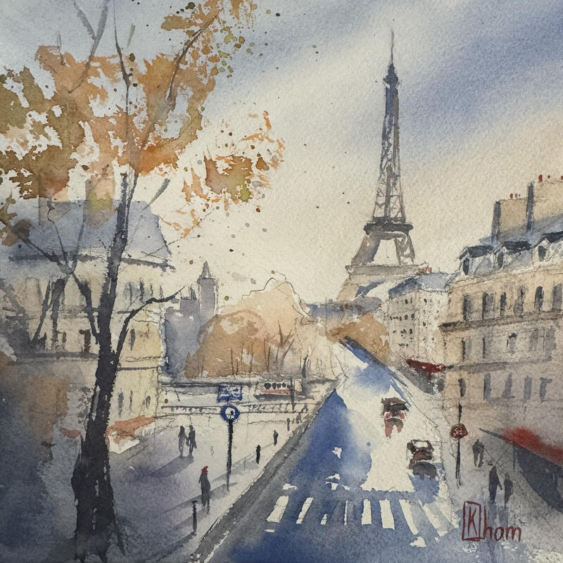 Painting Automne parisien by Khomyakova Liliya | Painting Figurative Landscapes Architecture Watercolor